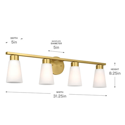 Kichler Stamos 31.25in 4-Light Vanity Light | Modern Brushed Gold Steel and Clear Satin Etched Glass | Bathroom Vanity | 31.25 x 8.25 in | Model 55122BG