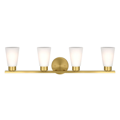 Kichler Stamos 31.25in 4-Light Vanity Light | Modern Brushed Gold Steel and Clear Satin Etched Glass | Bathroom Vanity | 31.25 x 8.25 in | Model 55122BG