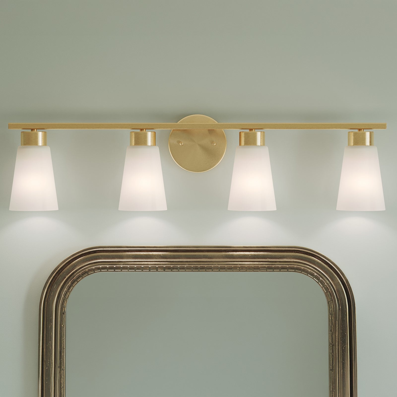 Kichler Stamos 31.25in 4-Light Vanity Light | Modern Brushed Gold Steel and Clear Satin Etched Glass | Bathroom Vanity | 31.25 x 8.25 in | Model 55122BG