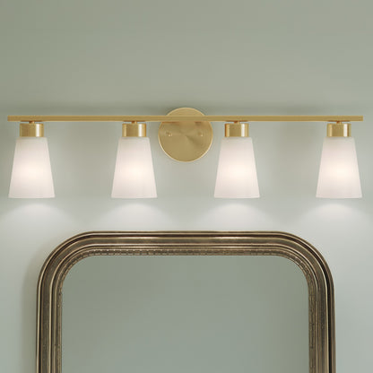 Kichler Stamos 31.25in 4-Light Vanity Light | Modern Brushed Gold Steel and Clear Satin Etched Glass | Bathroom Vanity | 31.25 x 8.25 in | Model 55122BG