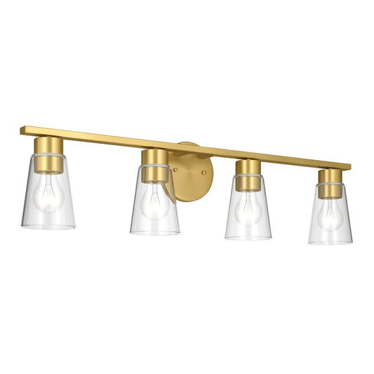 Kichler Stamos 31.25in 4-Light Vanity Light | Modern Brushed Gold Steel and Clear Satin Etched Glass | Bathroom Vanity | 31.25 x 8.25 in | Model 55122BGCLR