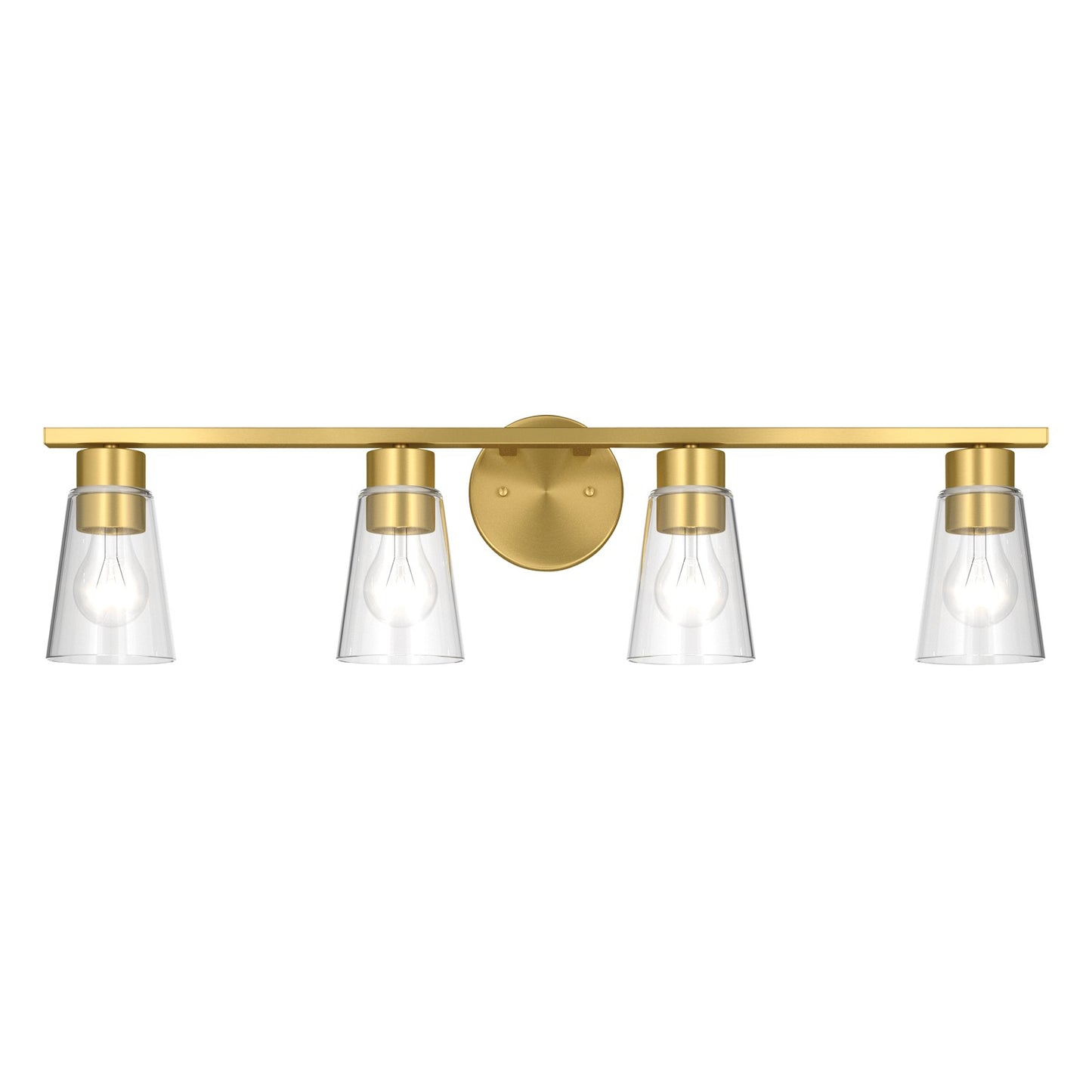 Kichler Stamos 31.25in 4-Light Vanity Light | Modern Brushed Gold Steel and Clear Satin Etched Glass | Bathroom Vanity | 31.25 x 8.25 in | Model 55122BGCLR