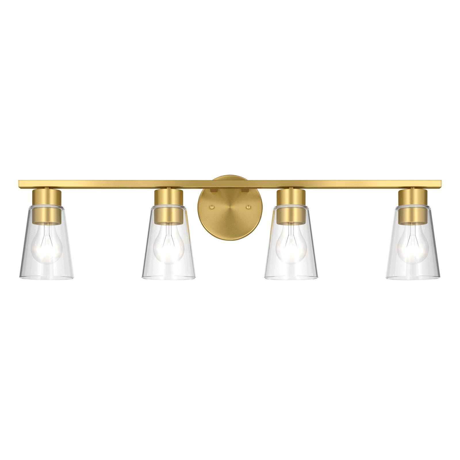 Kichler Stamos 31.25in 4-Light Vanity Light | Modern Brushed Gold Steel and Clear Satin Etched Glass | Bathroom Vanity | 31.25 x 8.25 in | Model 55122BGCLR