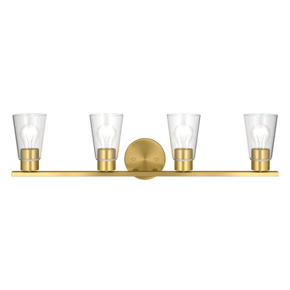 Kichler Stamos 31.25in 4-Light Vanity Light | Modern Brushed Gold Steel and Clear Satin Etched Glass | Bathroom Vanity | 31.25 x 8.25 in | Model 55122BGCLR