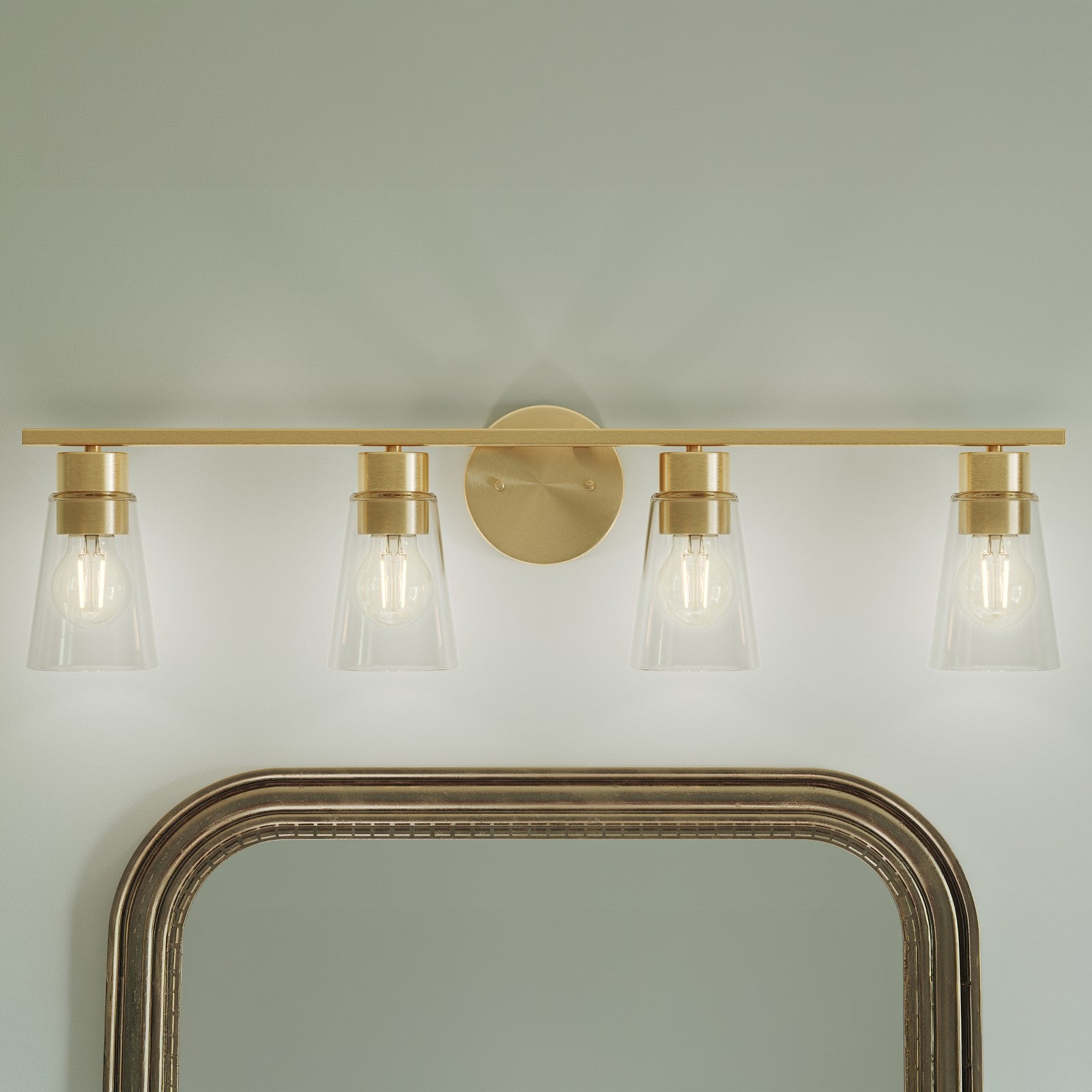 Kichler Stamos 31.25in 4-Light Vanity Light | Modern Brushed Gold Steel and Clear Satin Etched Glass | Bathroom Vanity | 31.25 x 8.25 in | Model 55122BGCLR