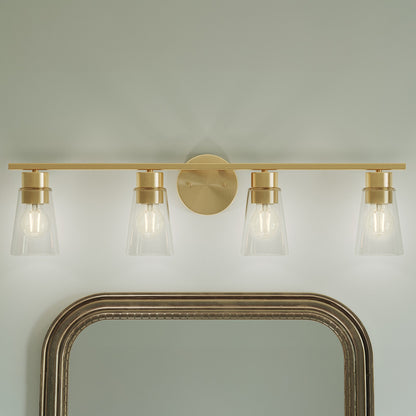 Kichler Stamos 31.25in 4-Light Vanity Light | Modern Brushed Gold Steel and Clear Satin Etched Glass | Bathroom Vanity | 31.25 x 8.25 in | Model 55122BGCLR