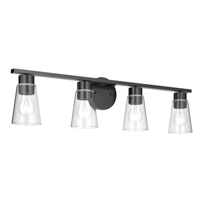 Kichler Stamos 31.25in 4-Light Vanity Light | Modern Black Steel and Clear Satin Etched Glass | Bathroom Vanity | 31.25 x 8.25 in | Model 55122BKCLR