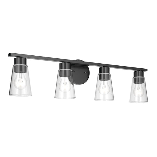 Kichler Stamos 31.25in 4-Light Vanity Light | Modern Black Steel and Clear Satin Etched Glass | Bathroom Vanity | 31.25 x 8.25 in | Model 55122BKCLR