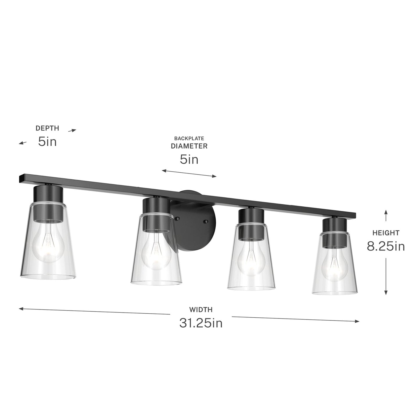 Kichler Stamos 31.25in 4-Light Vanity Light | Modern Black Steel and Clear Satin Etched Glass | Bathroom Vanity | 31.25 x 8.25 in | Model 55122BKCLR