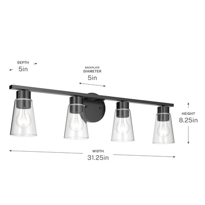 Kichler Stamos 31.25in 4-Light Vanity Light | Modern Black Steel and Clear Satin Etched Glass | Bathroom Vanity | 31.25 x 8.25 in | Model 55122BKCLR