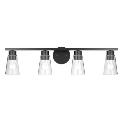 Kichler Stamos 31.25in 4-Light Vanity Light | Modern Black Steel and Clear Satin Etched Glass | Bathroom Vanity | 31.25 x 8.25 in | Model 55122BKCLR