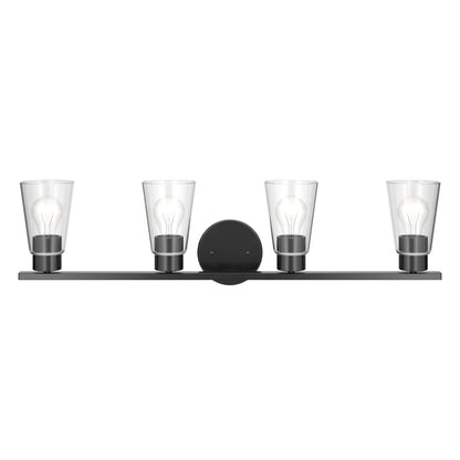 Kichler Stamos 31.25in 4-Light Vanity Light | Modern Black Steel and Clear Satin Etched Glass | Bathroom Vanity | 31.25 x 8.25 in | Model 55122BKCLR