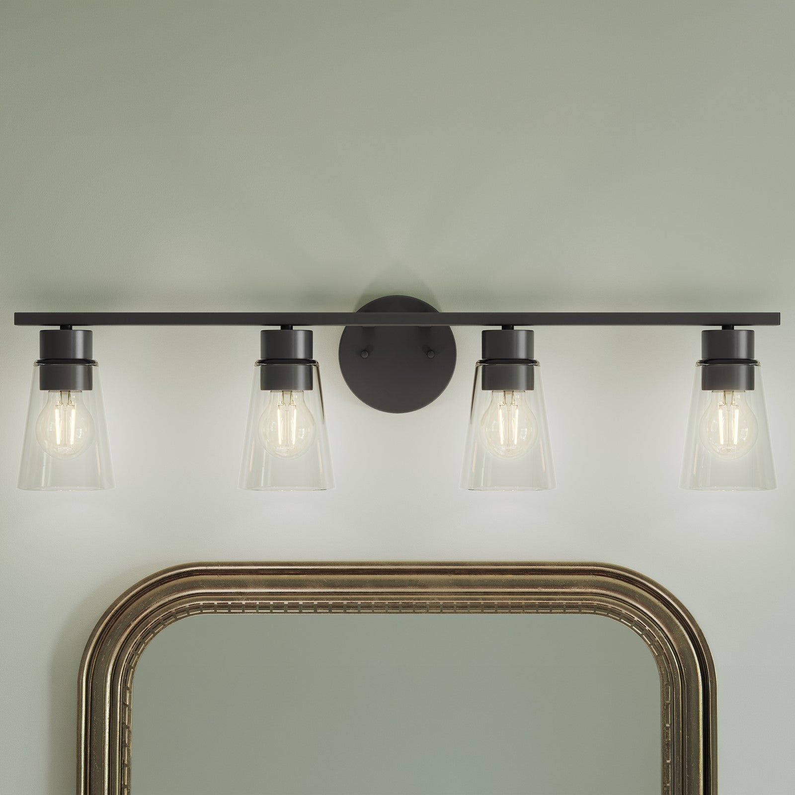 Kichler Stamos 31.25in 4-Light Vanity Light | Modern Black Steel and Clear Satin Etched Glass | Bathroom Vanity | 31.25 x 8.25 in | Model 55122BKCLR