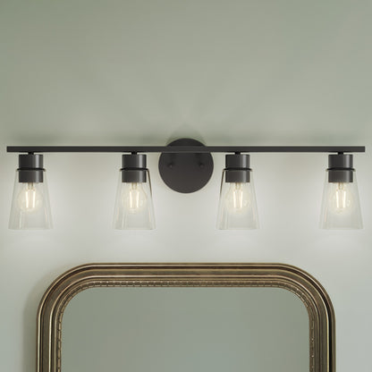 Kichler Stamos 31.25in 4-Light Vanity Light | Modern Black Steel and Clear Satin Etched Glass | Bathroom Vanity | 31.25 x 8.25 in | Model 55122BKCLR
