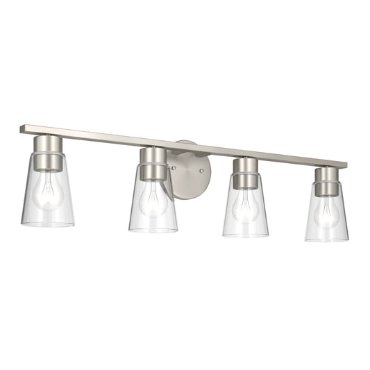 Kichler Stamos 31.25in 4-Light Vanity Light | Modern Brushed Nickel Steel and Clear Satin Etched Glass | Bathroom Vanity | 31.25 x 8.25 in | Model 55122NICLR