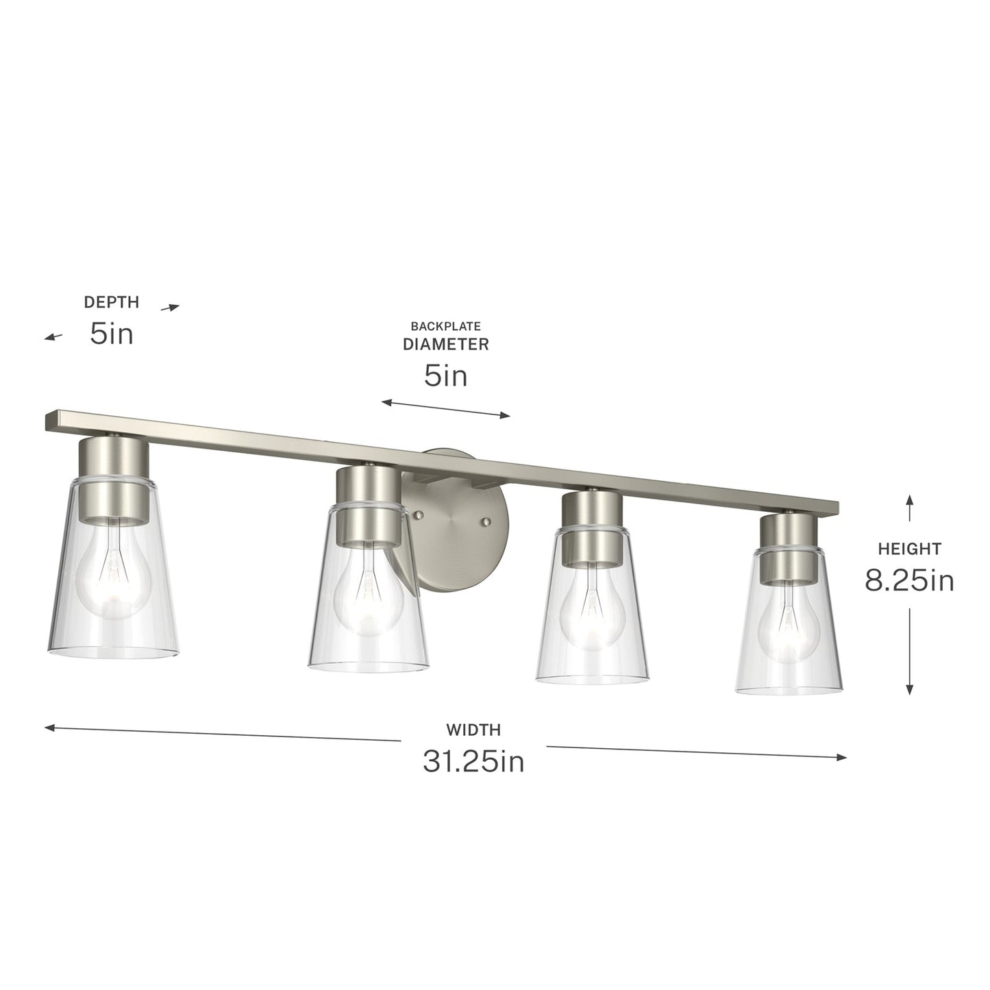 Kichler Stamos 31.25in 4-Light Vanity Light | Modern Brushed Nickel Steel and Clear Satin Etched Glass | Bathroom Vanity | 31.25 x 8.25 in | Model 55122NICLR