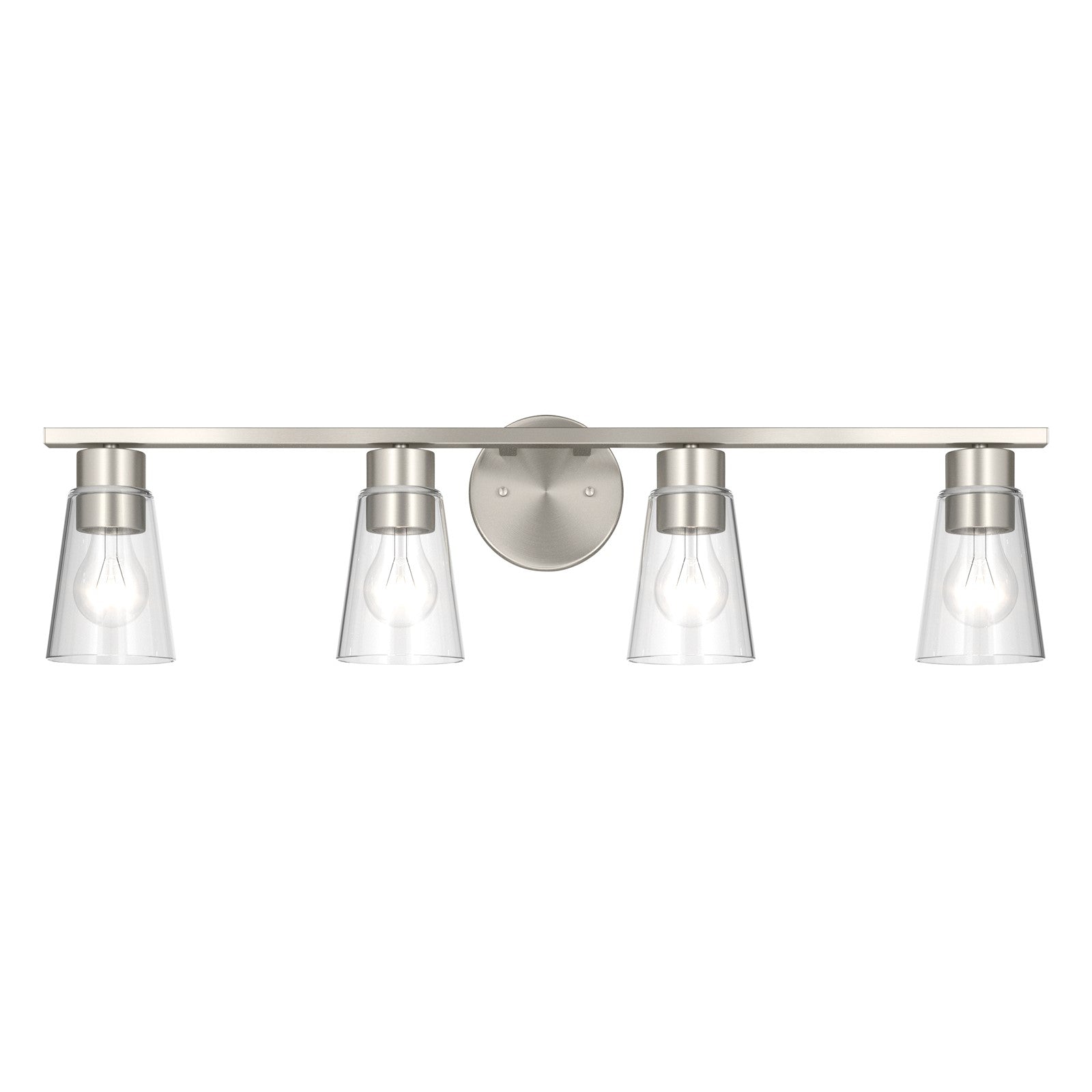 Kichler Stamos 31.25in 4-Light Vanity Light | Modern Brushed Nickel Steel and Clear Satin Etched Glass | Bathroom Vanity | 31.25 x 8.25 in | Model 55122NICLR