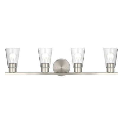 Kichler Stamos 31.25in 4-Light Vanity Light | Modern Brushed Nickel Steel and Clear Satin Etched Glass | Bathroom Vanity | 31.25 x 8.25 in | Model 55122NICLR