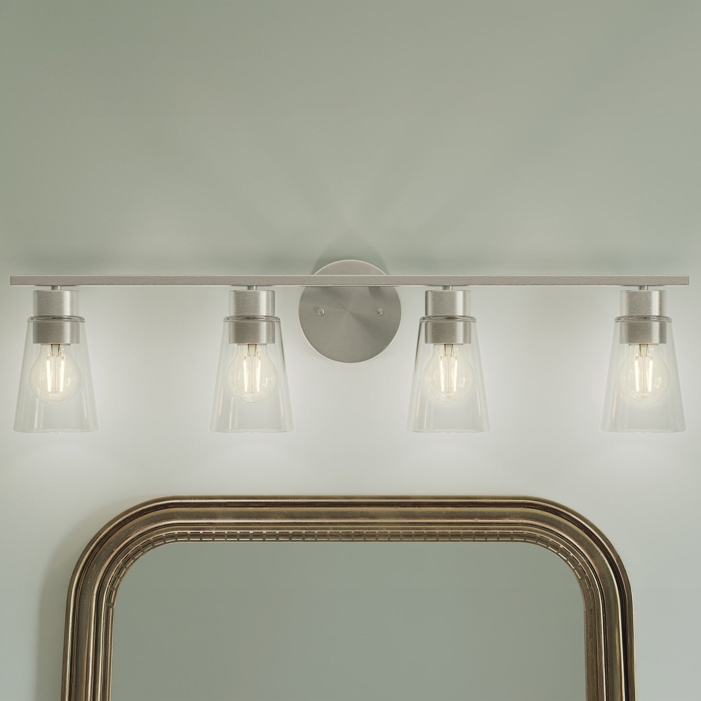 Kichler Stamos 31.25in 4-Light Vanity Light | Modern Brushed Nickel Steel and Clear Satin Etched Glass | Bathroom Vanity | 31.25 x 8.25 in | Model 55122NICLR