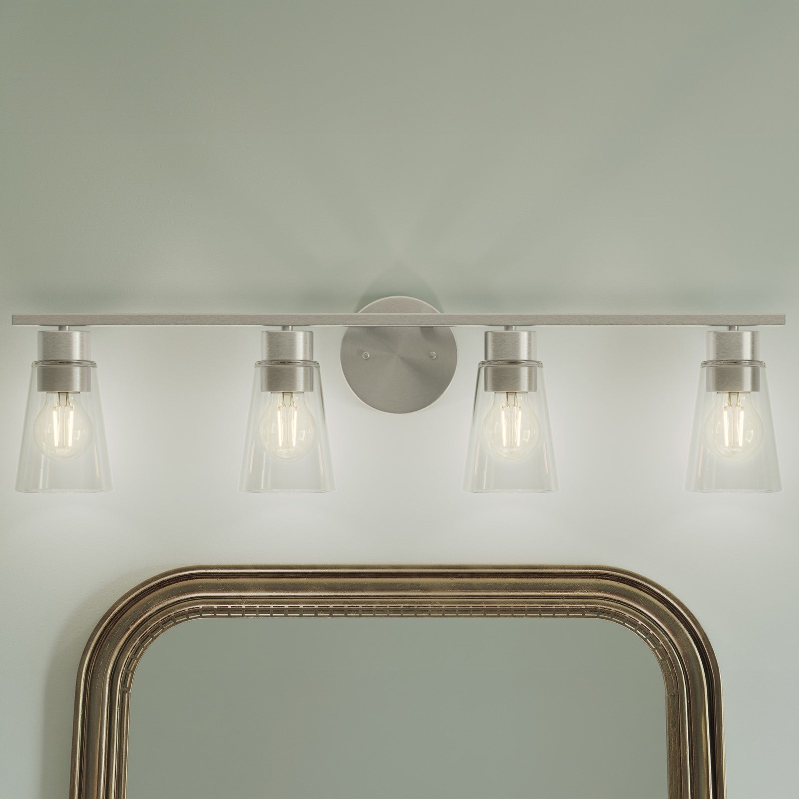 Kichler Stamos 31.25in 4-Light Vanity Light | Modern Brushed Nickel Steel and Clear Satin Etched Glass | Bathroom Vanity | 31.25 x 8.25 in | Model 55122NICLR