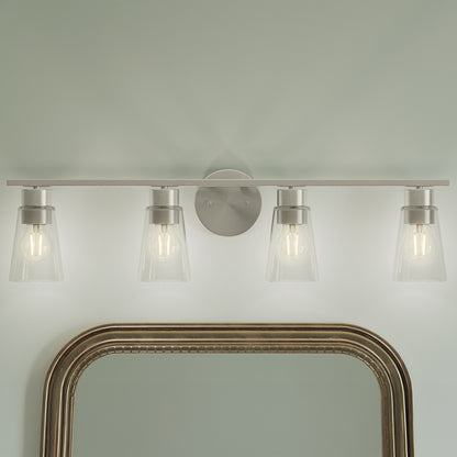 Kichler Stamos 31.25in 4-Light Vanity Light | Modern Brushed Nickel Steel and Clear Satin Etched Glass | Bathroom Vanity | 31.25 x 8.25 in | Model 55122NICLR