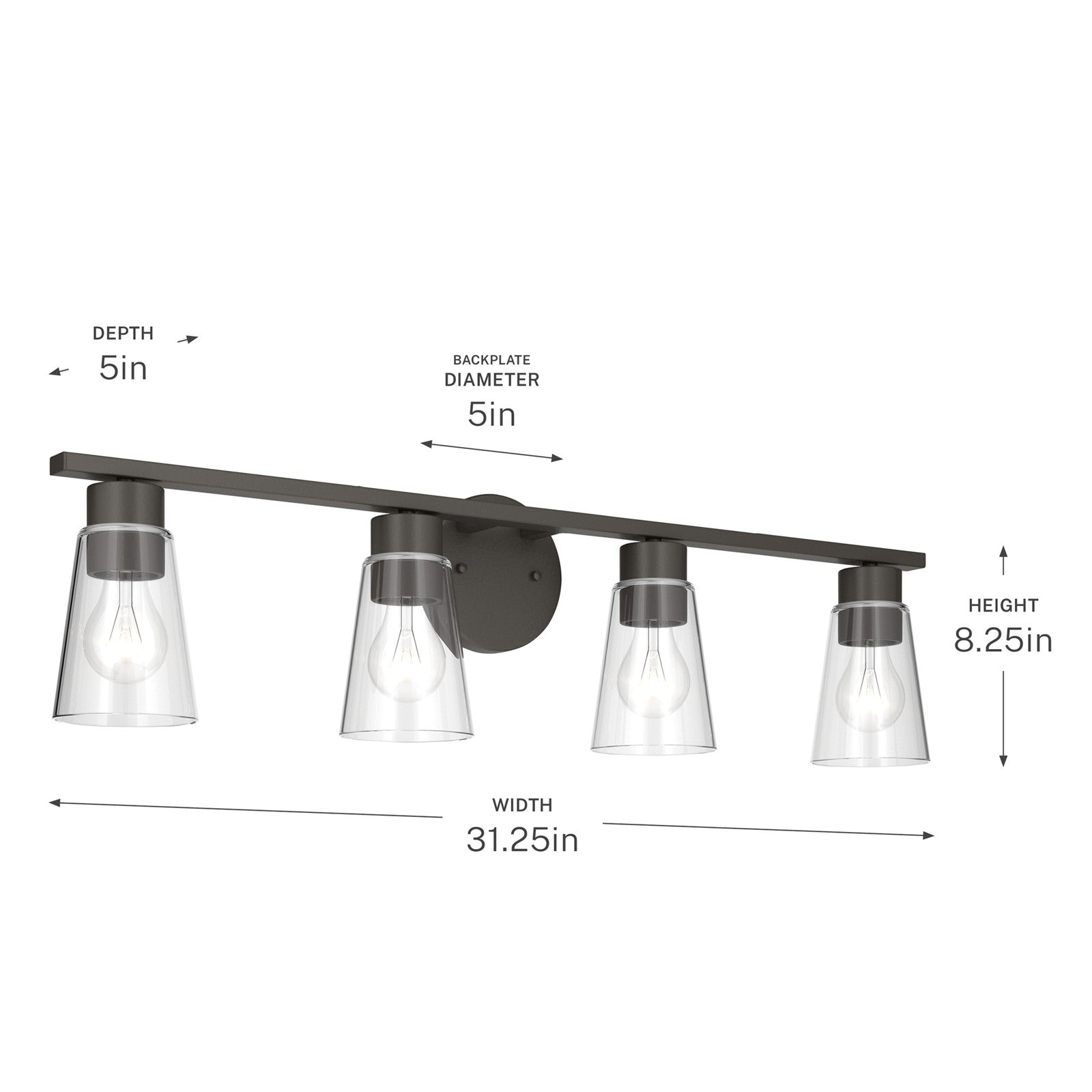 Kichler Stamos 31.25in 4-Light Vanity Light | Modern Olde Bronze Steel and Clear Satin Etched Glass | Bathroom Vanity | 31.25 x 8.25 in | Model 55122OZCLR