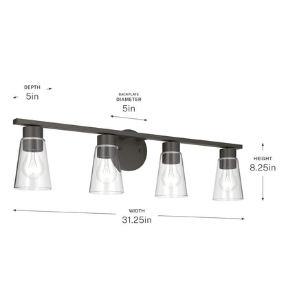 Kichler Stamos 31.25in 4-Light Vanity Light | Modern Olde Bronze Steel and Clear Satin Etched Glass | Bathroom Vanity | 31.25 x 8.25 in | Model 55122OZCLR