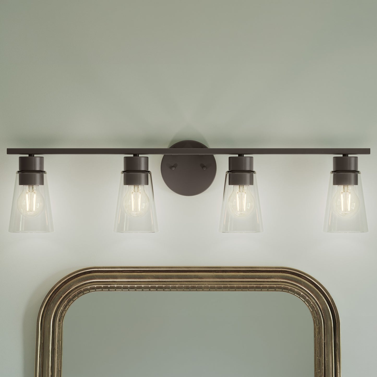 Kichler Stamos 31.25in 4-Light Vanity Light | Modern Olde Bronze Steel and Clear Satin Etched Glass | Bathroom Vanity | 31.25 x 8.25 in | Model 55122OZCLR