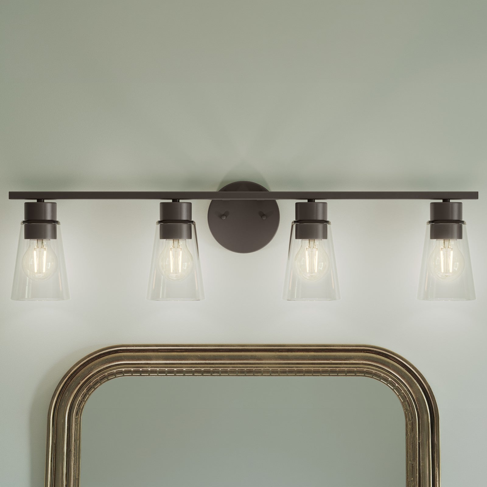 Kichler Stamos 31.25in 4-Light Vanity Light | Modern Olde Bronze Steel and Clear Satin Etched Glass | Bathroom Vanity | 31.25 x 8.25 in | Model 55122OZCLR