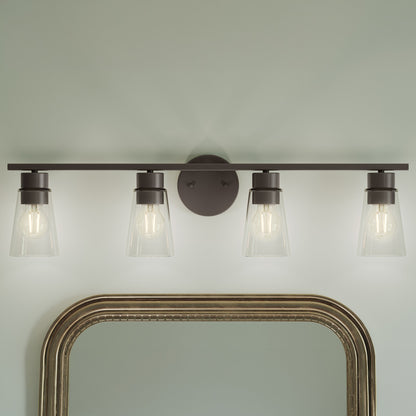 Kichler Stamos 31.25in 4-Light Vanity Light | Modern Olde Bronze Steel and Clear Satin Etched Glass | Bathroom Vanity | 31.25 x 8.25 in | Model 55122OZCLR