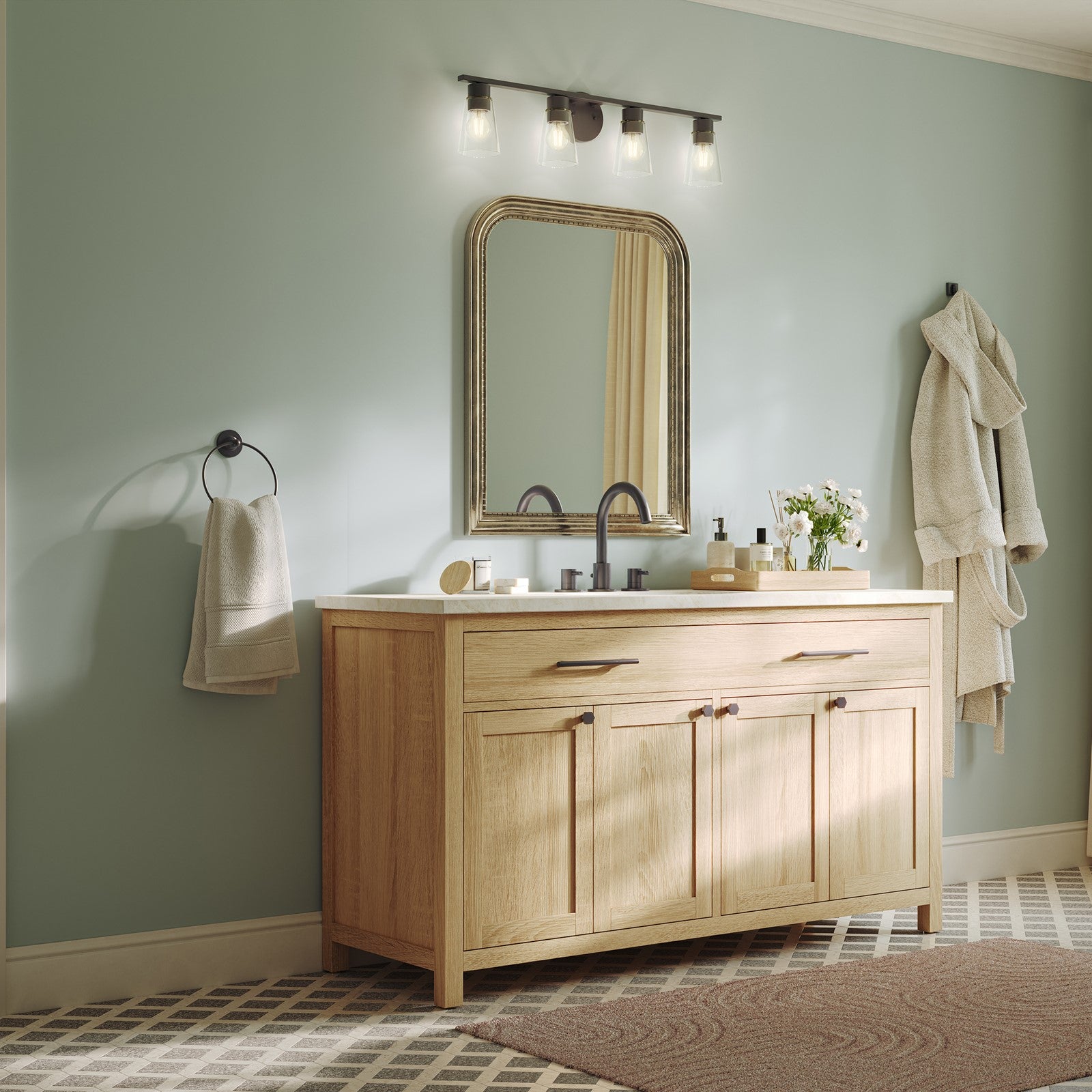 Kichler Stamos 31.25in 4-Light Vanity Light | Modern Olde Bronze Steel and Clear Satin Etched Glass | Bathroom Vanity | 31.25 x 8.25 in | Model 55122OZCLR