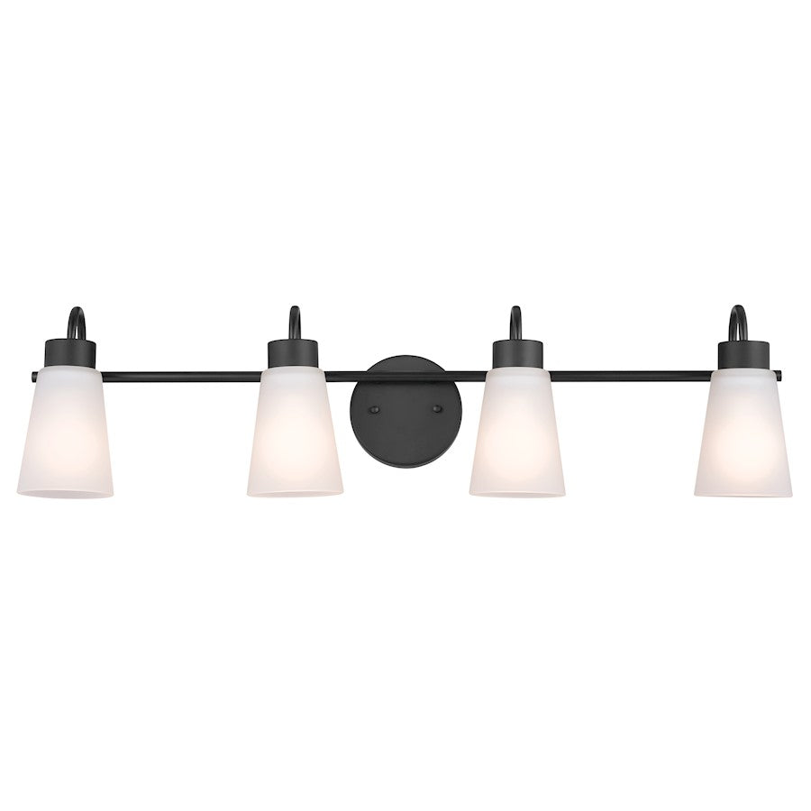 Kichler Erma 4-Light 32.5in Vanity Light | Industrial Black Steel & Clear Satin Etched Glass | Bathroom & Powder Room Vanity Light | Model 55127BK