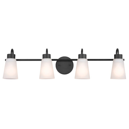 Kichler Erma 4-Light 32.5in Vanity Light | Industrial Black Steel & Clear Satin Etched Glass | Bathroom & Powder Room Vanity Light | Model 55127BK