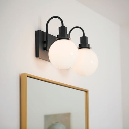 Kichler Hex 14in 2-Light Vanity | Soft Modern Black Steel & Opal Glass | Bathroom Vanity Light | 120V, 2 x 60W Candelabra, Dimmable | Model 55150BK