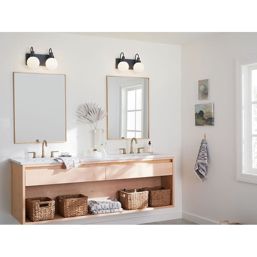 Kichler Hex 14in 2-Light Vanity | Soft Modern Black Steel & Opal Glass | Bathroom Vanity Light | 120V, 2 x 60W Candelabra, Dimmable | Model 55150BK