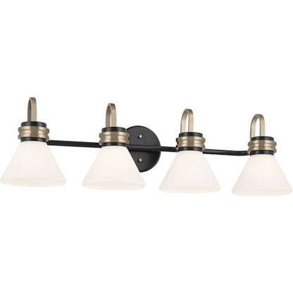 Kichler Farum 34in 4 Light Vanity | Soft Modern Black & Champagne Bronze with Opal Glass | Bathroom Vanity Light | 4 x 60W, Dimmable | Model 55156BK