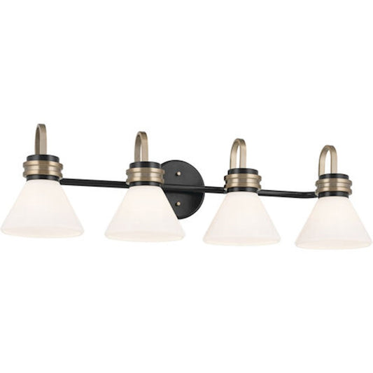 Kichler Farum 34in 4 Light Vanity | Soft Modern Black & Champagne Bronze with Opal Glass | Bathroom Vanity Light | 4 x 60W, Dimmable | Model 55156BK
