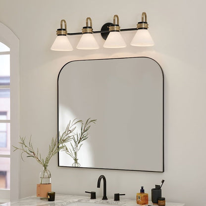 Kichler Farum 34in 4 Light Vanity | Soft Modern Black & Champagne Bronze with Opal Glass | Bathroom Vanity Light | 4 x 60W, Dimmable | Model 55156BK