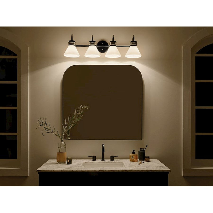 Kichler Farum 34in 4 Light Vanity | Soft Modern Black & Champagne Bronze with Opal Glass | Bathroom Vanity Light | 4 x 60W, Dimmable | Model 55156BK