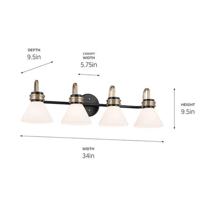 Kichler Farum 34in 4 Light Vanity | Soft Modern Black & Champagne Bronze with Opal Glass | Bathroom Vanity Light | 4 x 60W, Dimmable | Model 55156BK