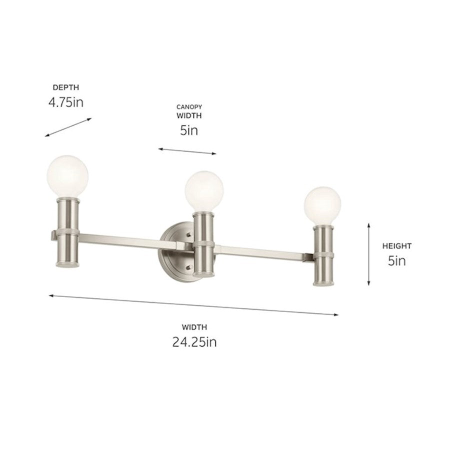 Kichler Torche 24in 3-Light Vanity | Soft Modern Brushed Nickel Steel | Bathroom & Powder Room Light | 60W E26, Dimmable | Model 55157NI