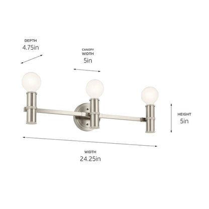 Kichler Torche 24in 3-Light Vanity | Soft Modern Brushed Nickel Steel | Bathroom & Powder Room Light | 60W E26, Dimmable | Model 55157NI