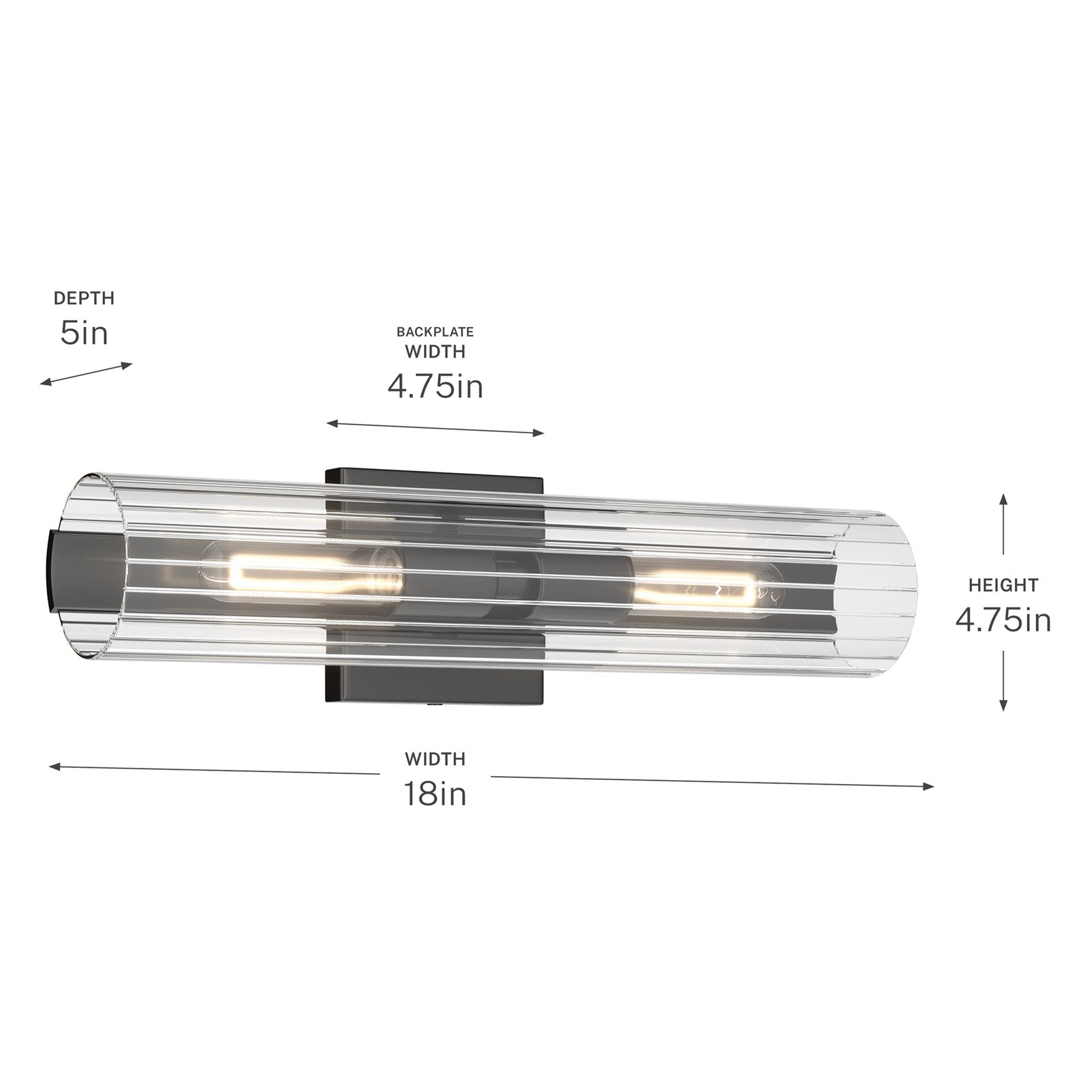 Kichler Jemsa 18in 2-Light Wall Sconce | Modern Black Steel and Clear Fluted Glass | Bathroom & Powder Room | 18 x 4.75 in | Model 55166BK