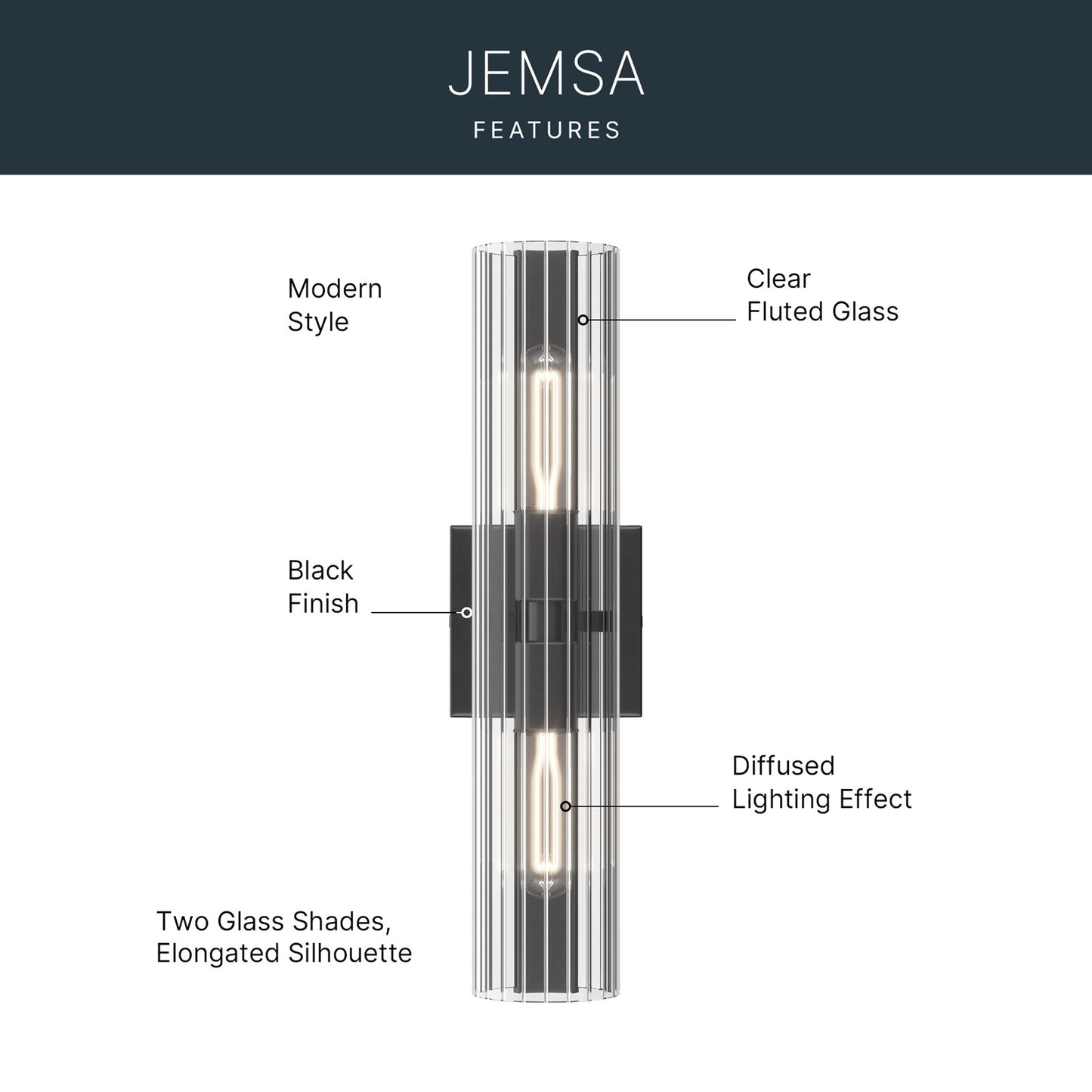 Kichler Jemsa 18in 2-Light Wall Sconce | Modern Black Steel and Clear Fluted Glass | Bathroom & Powder Room | 18 x 4.75 in | Model 55166BK