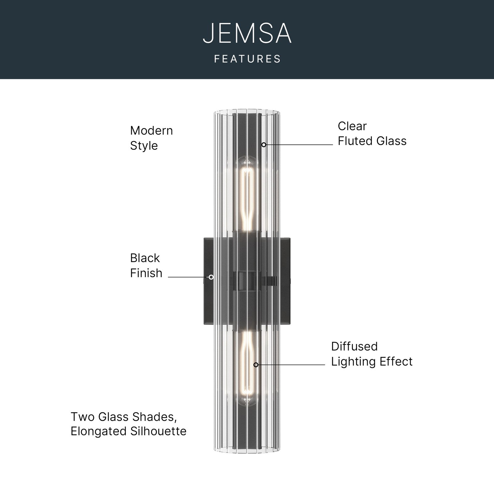 Kichler Jemsa 18in 2-Light Wall Sconce | Modern Black Steel and Clear Fluted Glass | Bathroom & Powder Room | 18 x 4.75 in | Model 55166BK