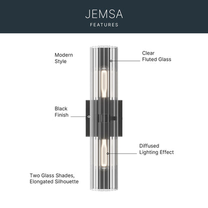 Kichler Jemsa 18in 2-Light Wall Sconce | Modern Black Steel and Clear Fluted Glass | Bathroom & Powder Room | 18 x 4.75 in | Model 55166BK