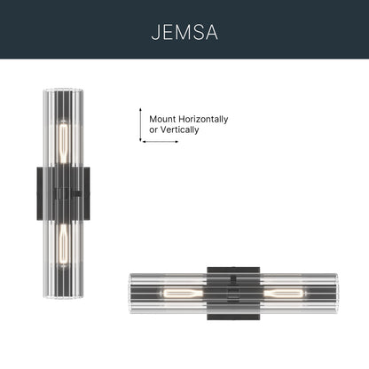 Kichler Jemsa 18in 2-Light Wall Sconce | Modern Black Steel and Clear Fluted Glass | Bathroom & Powder Room | 18 x 4.75 in | Model 55166BK