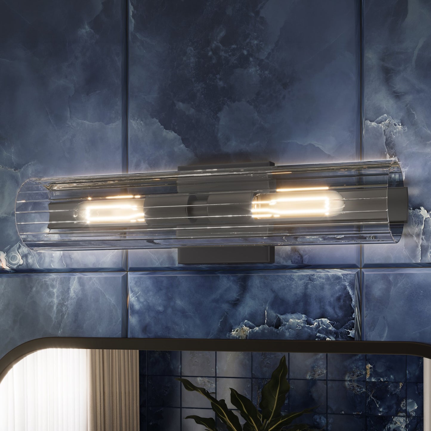 Kichler Jemsa 18in 2-Light Wall Sconce | Modern Black Steel and Clear Fluted Glass | Bathroom & Powder Room | 18 x 4.75 in | Model 55166BK