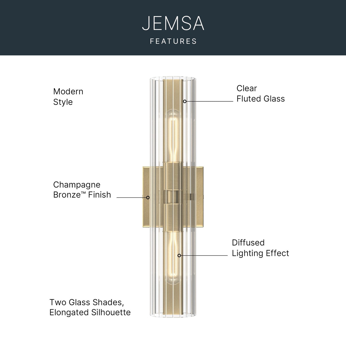 Kichler Jemsa 18in 2-Light Bath Bracket | Modern Champagne Bronze Steel and Clear Fluted Glass | Bathroom & Powder Room Vanity Light | 18 x 4.75 in | Model 55166CPZ