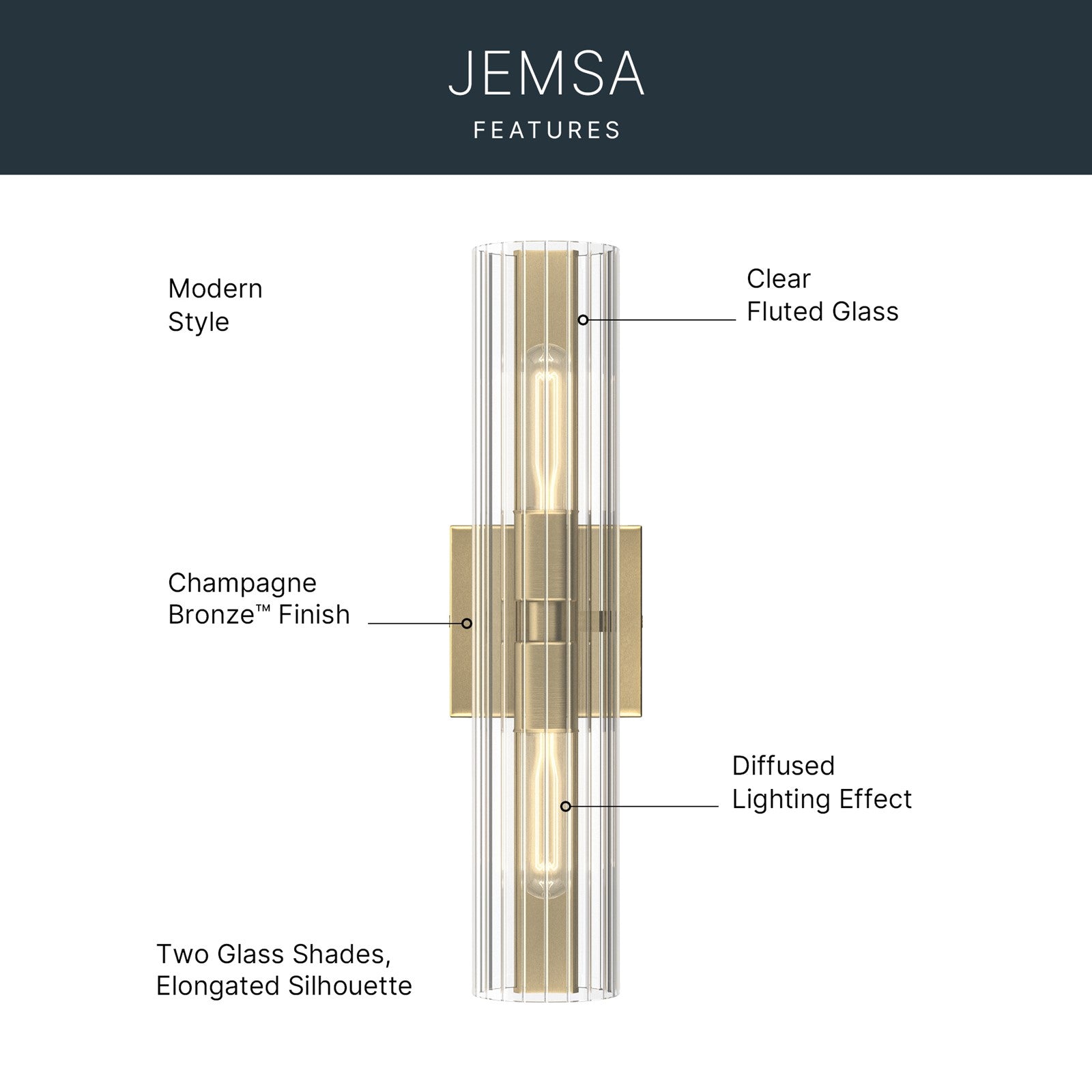 Kichler Jemsa 18in 2-Light Bath Bracket | Modern Champagne Bronze Steel and Clear Fluted Glass | Bathroom & Powder Room Vanity Light | 18 x 4.75 in | Model 55166CPZ